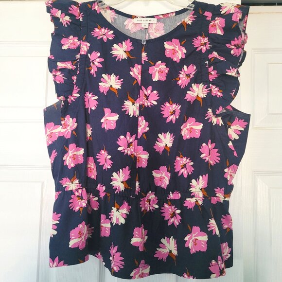 Free Assembly‎ Shirt Womens XL Elastic Waist Ruffle Sleeve Navy Pink Floral - Picture 1 of 12